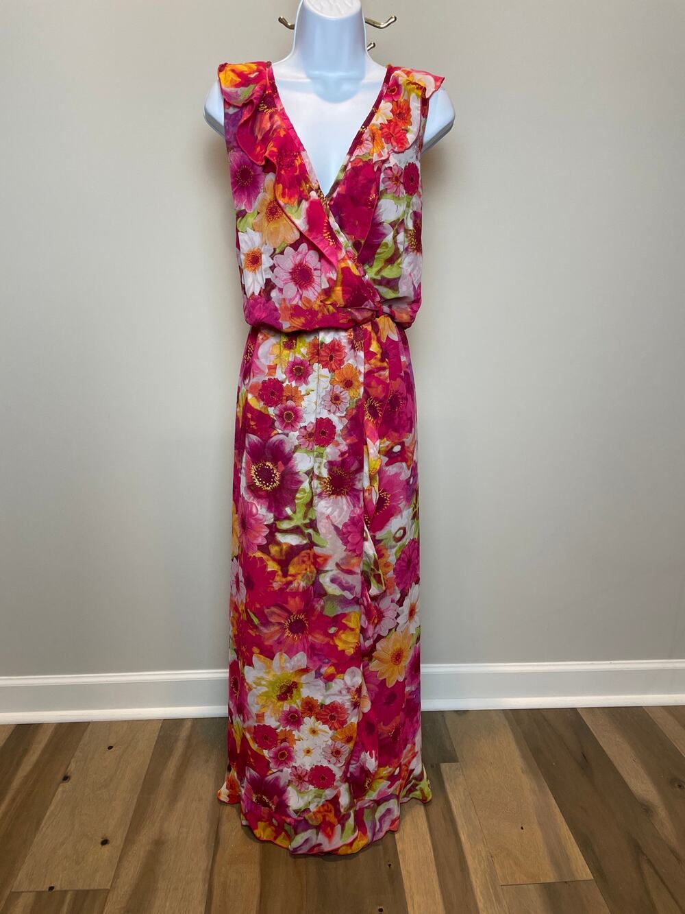 Ashley Stewart Dress Size 22 Red Chiffon Floral Maxi Sleeveless V Neck Ruffle